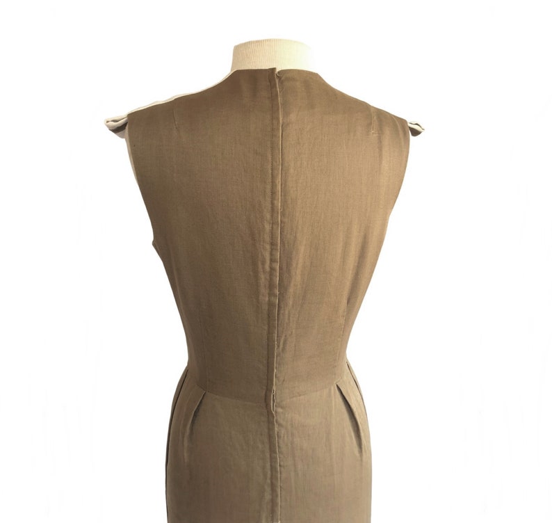 Vintage 60s Café au lait Teal Traina Sheath Dress with White Stripe Detail & Pockets image 8