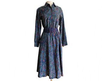 Vintage 80s paisley shirt dress/ NWT NOS/ long sleeve office dress/ Bedford Fair