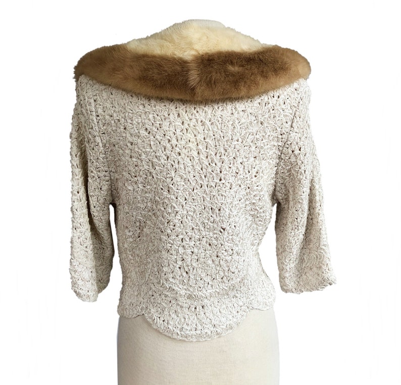 Vintage 50s Cream Ribbon Work Jacket with Blonde & Palomino Mink Fur Collar image 6