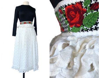 Vintage black & white eyelet maxi dress| rose embroidered waistband with ruffle| long sleeve XS| late 60s early 70s