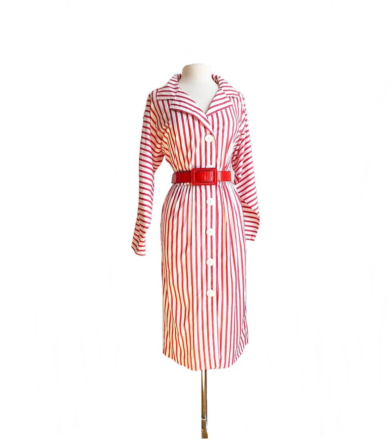 Vintage 80s Red White Striped Shirt Dress Nwt Nos Long Etsy