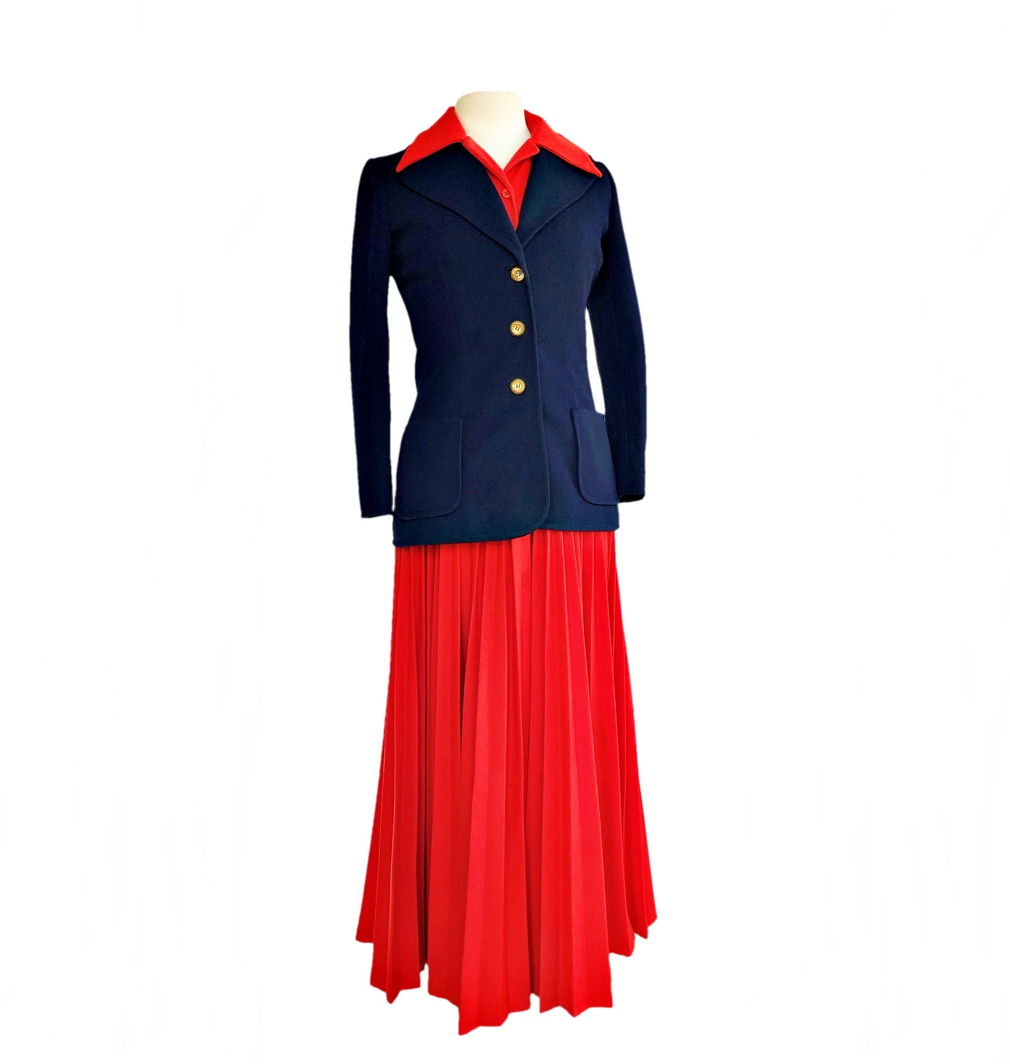 red dress blue blazer Vintage 70s Red Pleated Maxi Dress & Blue Jacket Set | Butte Knit