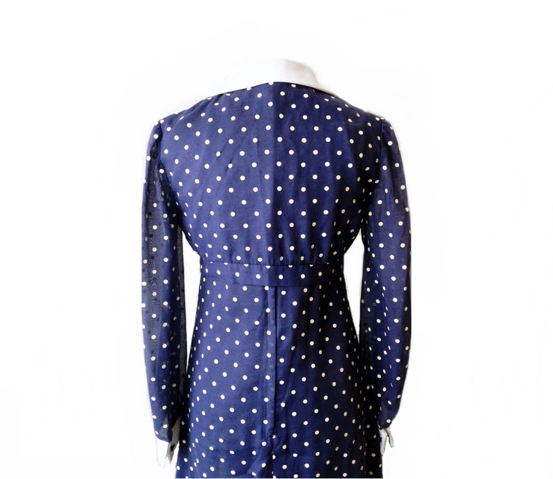 Vintage 70s polka dot navy dress/ sleeveless maxi sundress/ white bodice/ empire waist/ Bolero jacket/ summer dress/ Melissa Lane/ image 8