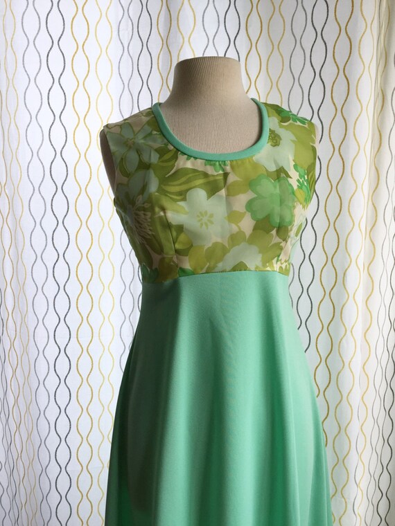 Vintage 70s mint green dress & floral chiffon bol… - image 5