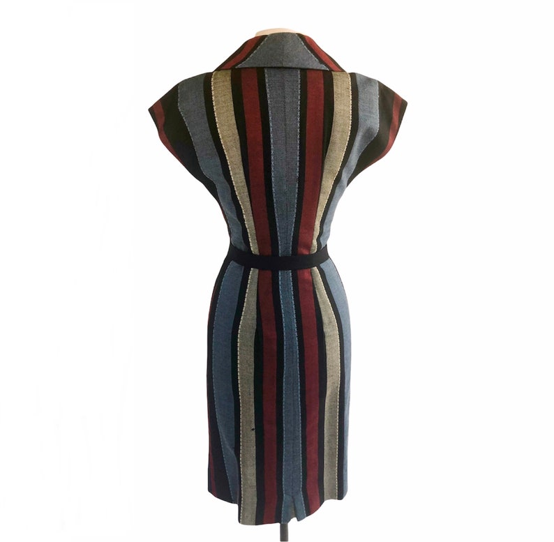 Vintage 50s striped wool sheath dress mother of pearl buttons Mad Men dress image 4