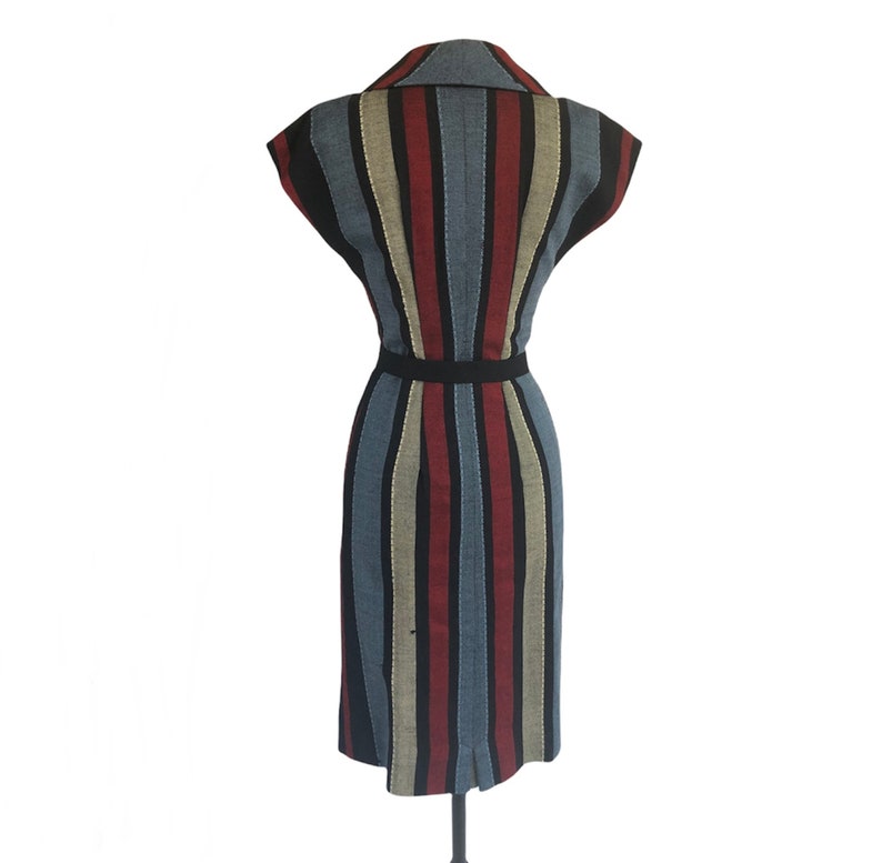 Vintage 50s striped wool sheath dress mother of pearl buttons Mad Men dress image 8