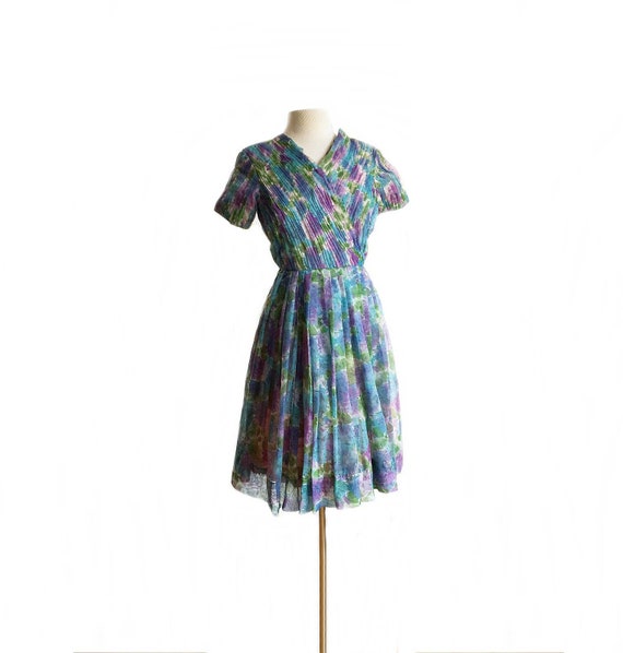 Vintage 60s floral chiffon party dress/ micro ple… - image 1