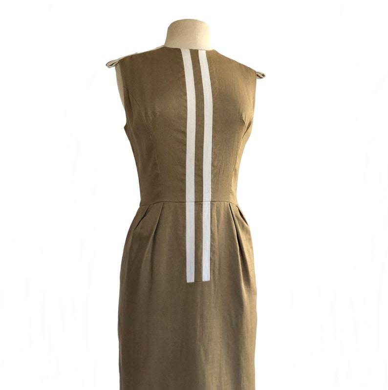 Vintage 60s Café au lait Teal Traina Sheath Dress with White Stripe Detail & Pockets image 4