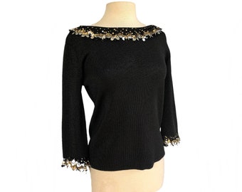 Vintage 1990s Joseph A. Qu'est-Ce Que C'est Silk? sparkly black blouse| metallic thread| sequined collar
