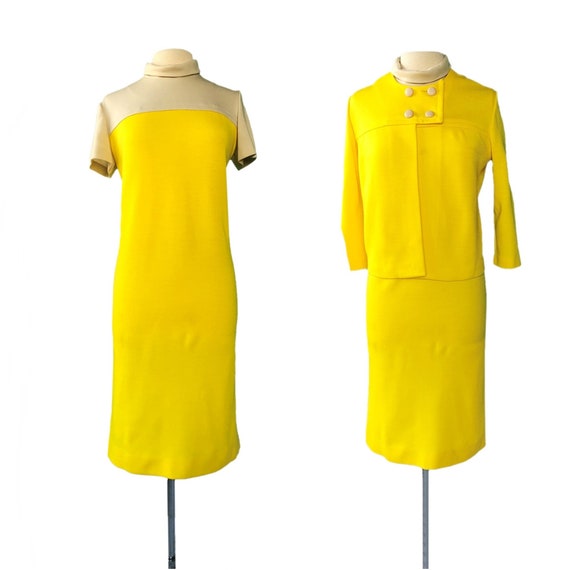 Vintage 1970s canary yellow and beige shift dress… - image 1