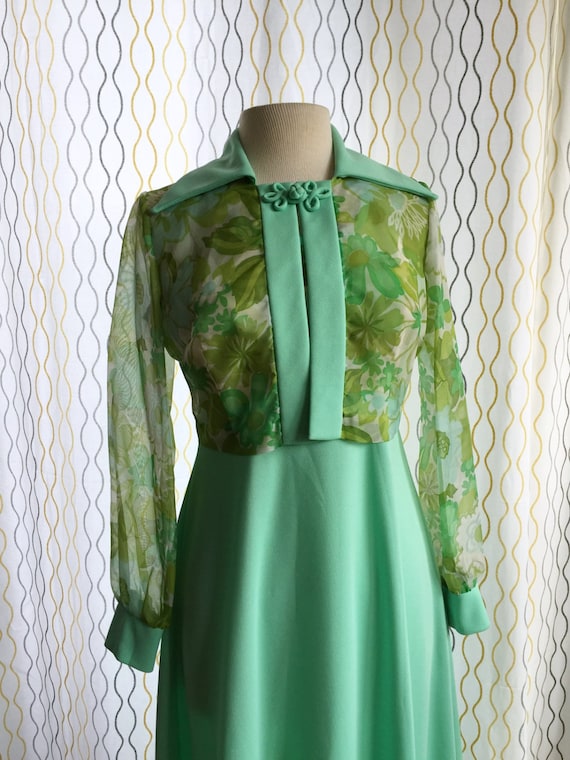 Vintage 70s mint green dress & floral chiffon bol… - image 4