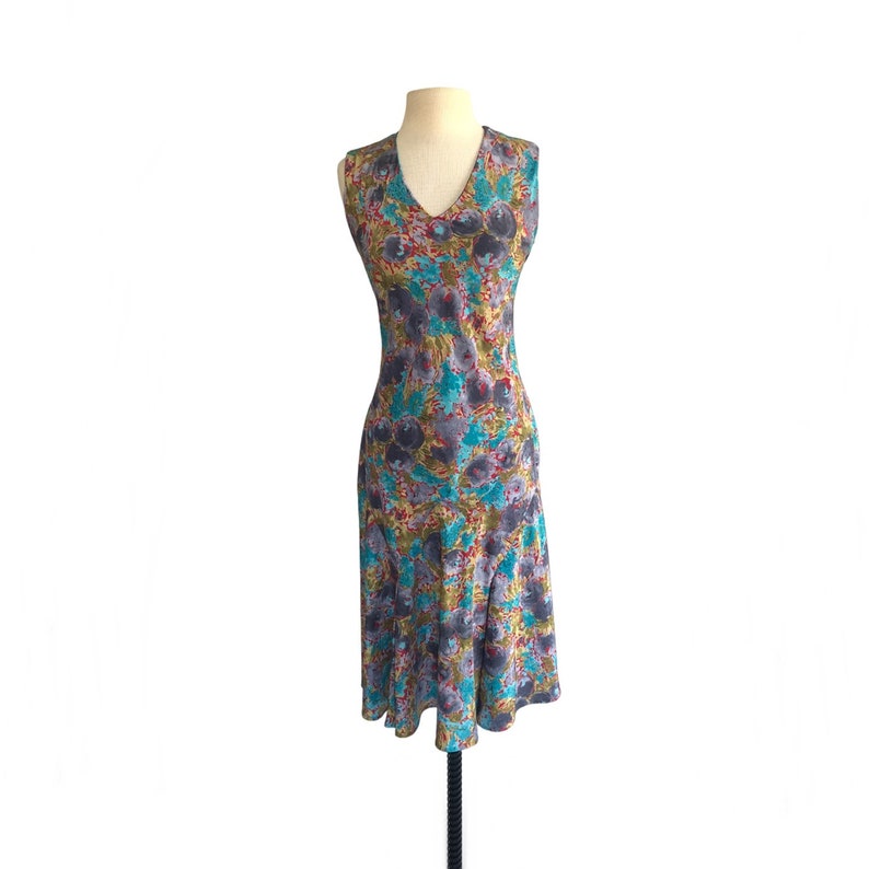 Vintage 80s abstract floral dress in purple blue red and mustard 30s inspired image 2