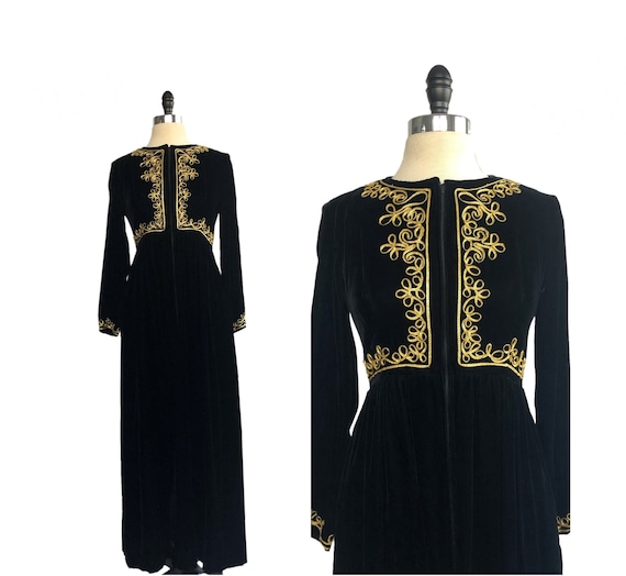 Vintage 70s Black Velveteen Dress With Gold Soutache Embroidery 