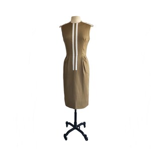 Vintage 60s Café au lait Teal Traina Sheath Dress with White Stripe Detail & Pockets image 2