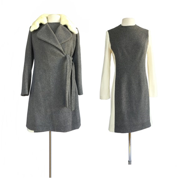 Vintage 60s wool dress & coat set with white mink… - image 1