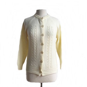 Vintage 60s white cardigan/ winter white preppy sweater/ cream ivory cardigan/ cable knit detail