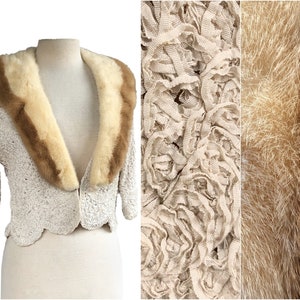 Vintage 50s Cream Ribbon Work Jacket with Blonde & Palomino Mink Fur Collar image 1