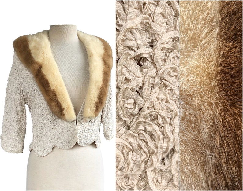 Vintage 50s Cream Ribbon Work Jacket with Blonde & Palomino Mink Fur Collar image 1