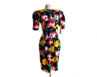 Vintage 80s floral dress/ tulip print/ Ronnie Heller for Saks Fifth Avenue/ Deadstock/ NWT NOS/  80s party dress/ 80s cocktail dress