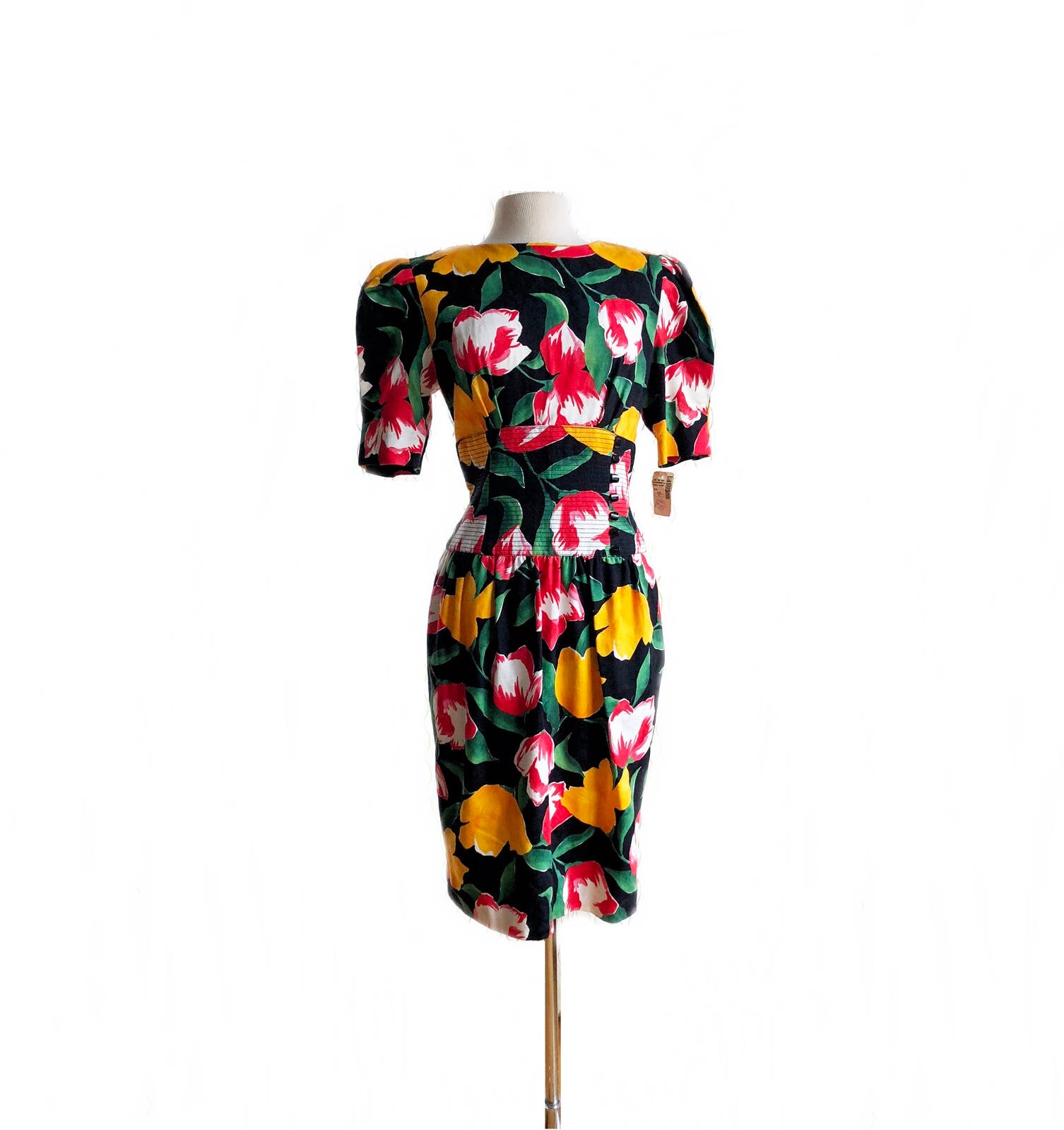 Vintage Tulip Dress 1980s Oversized All Over Large Print Floral Tulip Day Dress L