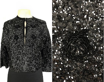 Vintage 1950s heavily sequined black cardigan| sparkly 50s glamour sweater| rose floral in sequin