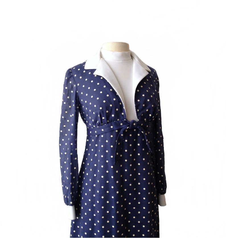 Vintage 70s polka dot navy dress/ sleeveless maxi sundress/ white bodice/ empire waist/ Bolero jacket/ summer dress/ Melissa Lane/ image 4