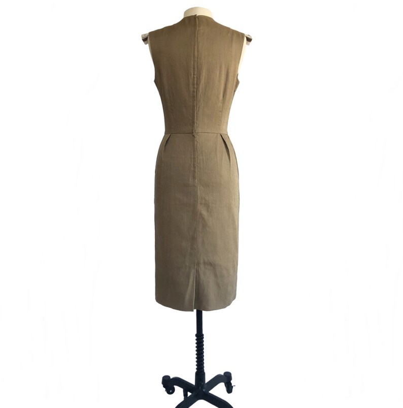Vintage 60s Café au lait Teal Traina Sheath Dress with White Stripe Detail & Pockets image 7