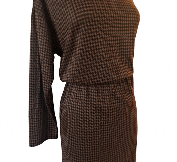 Vintage 80s brown & black houndstooth dress by Im… - image 7