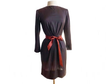 Vintage 60s brown silk dress/ chocolate brown cocktail dress/ orange ribbon belt/lustrous sleek fabric/ 1960s long sleeve dress