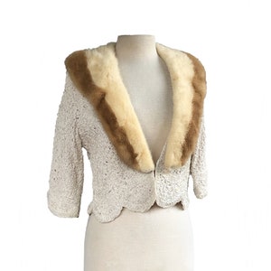 Vintage 50s Cream Ribbon Work Jacket with Blonde & Palomino Mink Fur Collar image 2