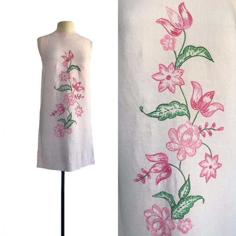 Vintage 60s pastel pink shift dress with pink & green floral embroidery Twiggy mod dress image 1