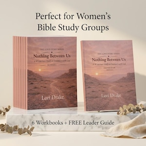 May include: A stack of six workbooks and one leader guide titled Nothing Between Us: A Wilderness Study on Intimacy with God by Lori Drake. The book covers feature a desert landscape at sunset with a path leading toward the horizon.