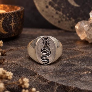 May include: A silver-coloured signet ring featuring an oval face with an engraved design of a coiled snake positioned beneath a crescent moon and sunburst symbol. The metal has a weathered, matte finish with dark oxidation highlighting the engraving.