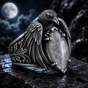 Anillo gótico de cuervo con gema de piedra lunar arcoíris / Joyería llamativa de águila de plata oxidada con animales / Joyería de aves de fantasía oscura / Anillo de cuervo con hojas /
