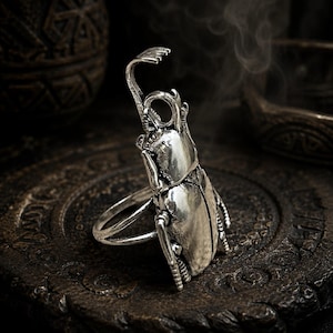 May include: A silver-toned ring featuring a detailed, three-dimensional beetle design. The insect has a prominent horn extending upward, textured legs, and a smooth, polished body. The band is thin and circular, supporting the large beetle ornament.