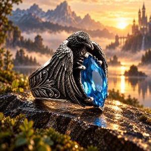 May include: A silver-toned metal ring featuring a detailed raven with spread wings clutching a large, marquise-cut, vibrant blue gemstone. The band of the ring is decorated with intricate, embossed leaf-like patterns along the sides.