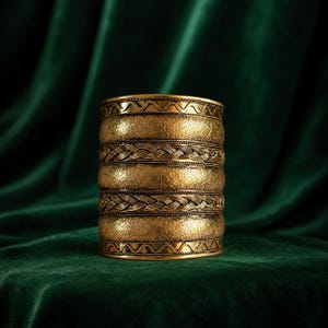 May include: A wide, cylindrical brass cuff bracelet featuring alternating bands of intricate braided metalwork and textured panels with a subtle floral pattern. The edges are finished with a delicate zigzag border, creating a layered appearance.