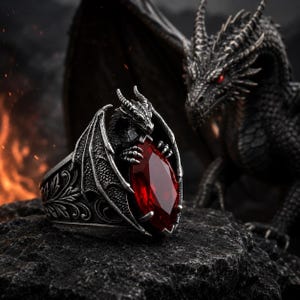 May include: A silver-toned ring featuring a sculpted dragon with spread wings clutching a large, faceted, marquise-cut red gemstone. The band of the ring displays intricate, embossed floral-like scrollwork patterns along its sides.