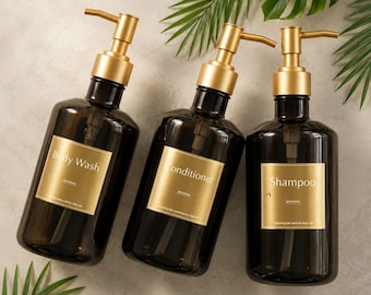 Juego de dispensadores de jabón de vidrio ámbar, botellas con bomba doradas, accesorios de baño recargables