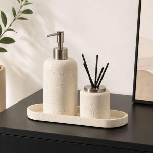 Luxury Bathroom Accessories Set, Soap Dispenser, Reed Diffuser & Oval Tray, Minimalist Bathroom Decor, Elegant Bathroom Counter Organizer