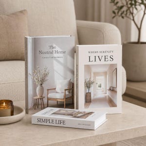 以下が含まれることがあります： 白い表紙の装飾用ブック3冊。1冊目のタイトルは「The Neutral Home A Sense of Calm and Balance」。2冊目のタイトルは「WHERE SERENITY LIVES」。平らに置かれた3冊目のタイトルは「SIMPLE LIFE savor the moment」です。