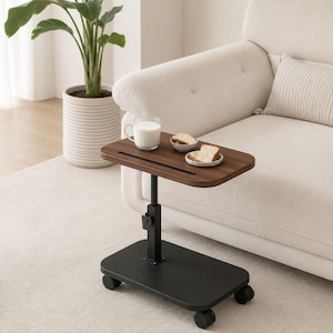Adjustable Rolling Overbed Table, Walnut Wood Laptop Desk with Wheels