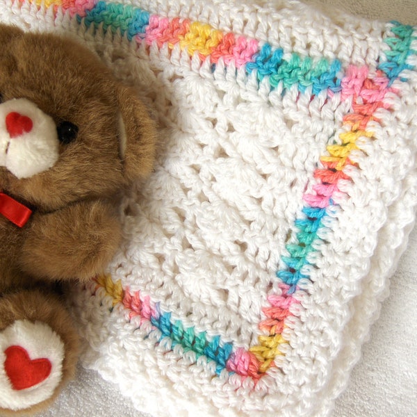 Crochet Baby Blanket Afghan White Shells and Rainbows