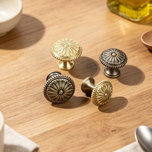 Vintage Floral Brass Cabinet Knobs, Solid Brass Cabinet Hardware, Antique Bronze & Brushed Gold Knobs, French Country Vanity Hardware