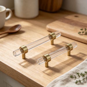Clear Acrylic Cabinet Pulls, Gold Brass Base T Bar Handles, Brushed Brass Drawer Hardware, Modern Vanity Pulls
