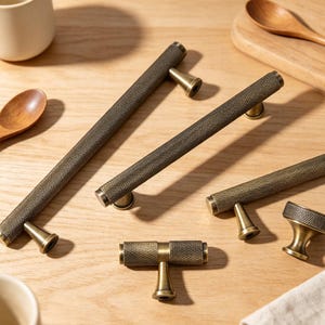 Knurled Brass Cabinet Pulls, Solid Brass Cabinet Hardware, Brushed Gold & Black Drawer Handles, Modern Kitchen Hardware, Vanity Knobs