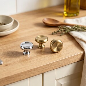 Solid Brass Cabinet Knobs, Modern Round Cabinet Hardware, Brushed Gold, Chrome & PVD Gold Drawer Knobs, Minimalist Kitchen Vanity Pulls