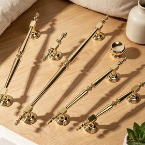 PVD Gold Brass Cabinet Hardware, Ornate Solid Brass Cabinet Pulls, Vintage T-Bar Knobs, French Country Kitchen Handles, Luxury Drawer Pulls