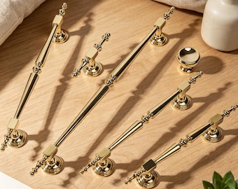PVD Gold Brass Cabinet Hardware, Ornate Solid Brass Cabinet Pulls, Vintage T-Bar Knobs, French Country Kitchen Handles, Luxury Drawer Pulls