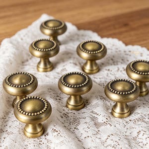 Antique Bronze Cabinet Knobs | Beaded Round Drawer Knobs | Vintage Mushroom Pulls | Farmhouse Kitchen Hardware | French Country Furniture